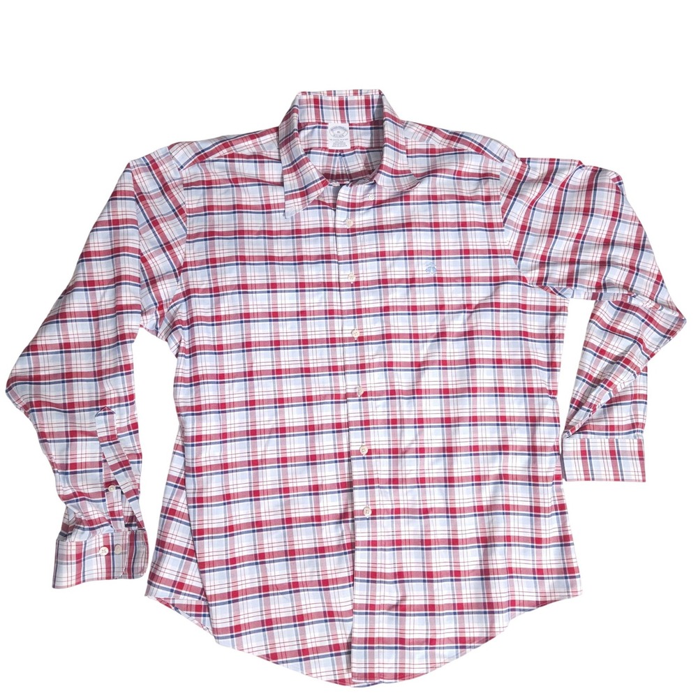 Brooks Brothers Mens XL Red Blue Plaid Non-Iron Supima Cotton Button Down Shirt